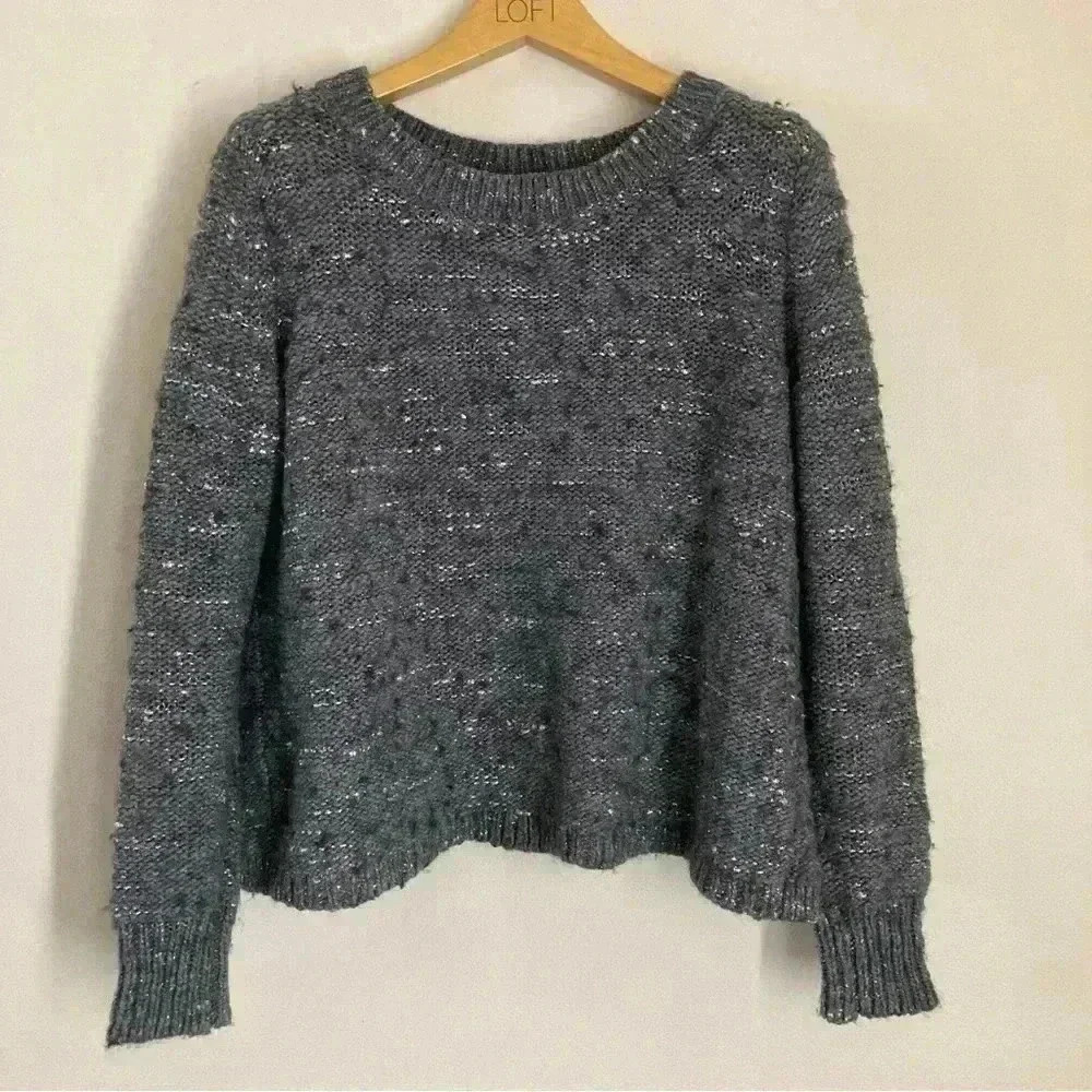 Banana Republic Gray Glitter Thread Open Back Knit Sweater Size Large Petite